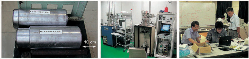 (左）低放射化構造材料のNIFS-HEAT－２の１６６ｋｇのインゴット (中）高温における材料の強度を評価可能なクリープ試験機 （右）実験中の様子